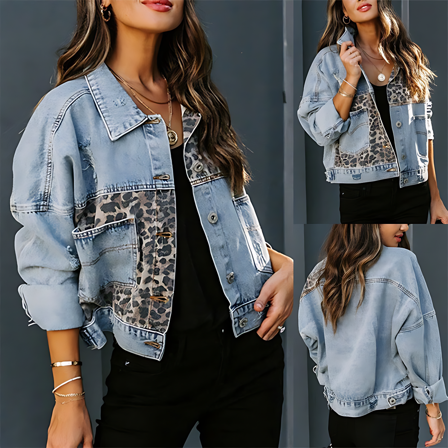 Women’s Distressed Denim Jacket with Leopard Print