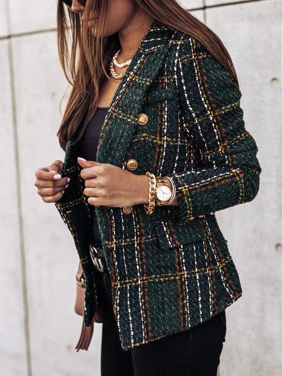 Elegant Double-Breasted Women’s Plaid Blazer