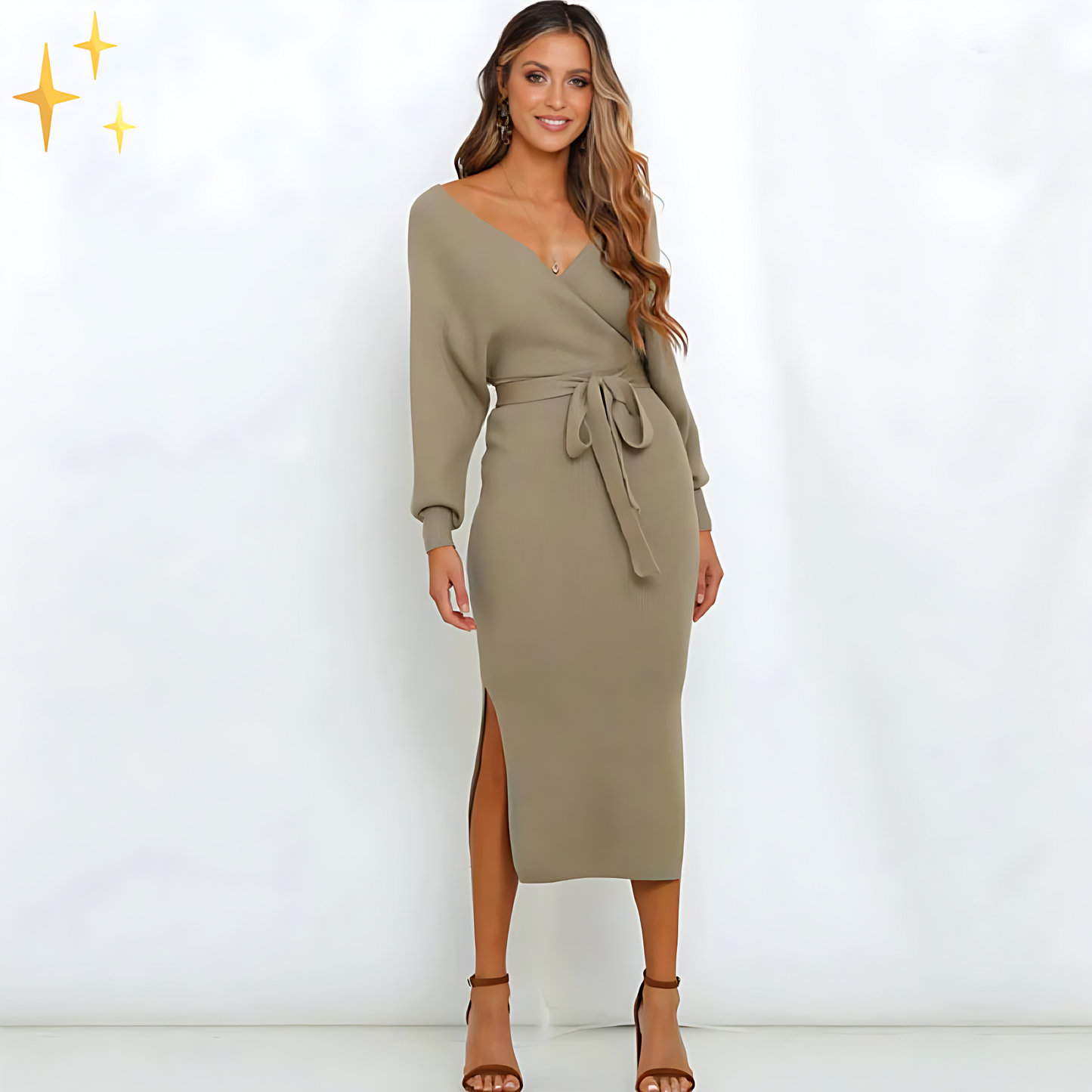 Women’s Knitted Wrap Midi Dress with Belt
