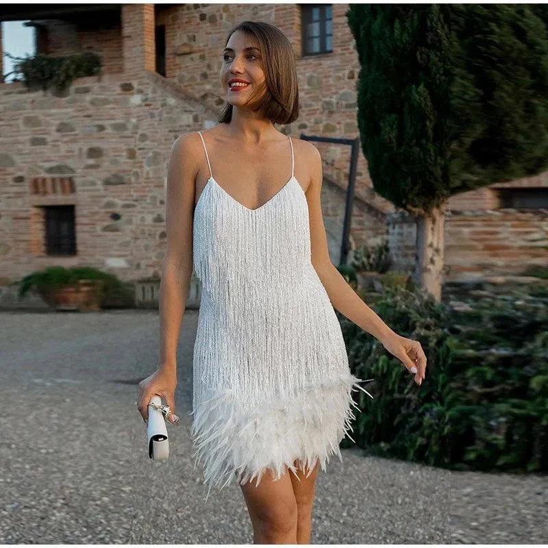 Elegant Feathered Sequin Evening Dress for Women
