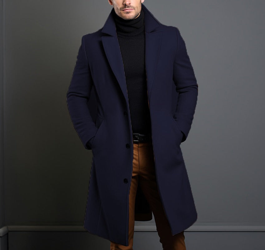 Men’s Formal Wool Trench Coat with Lapel Collar