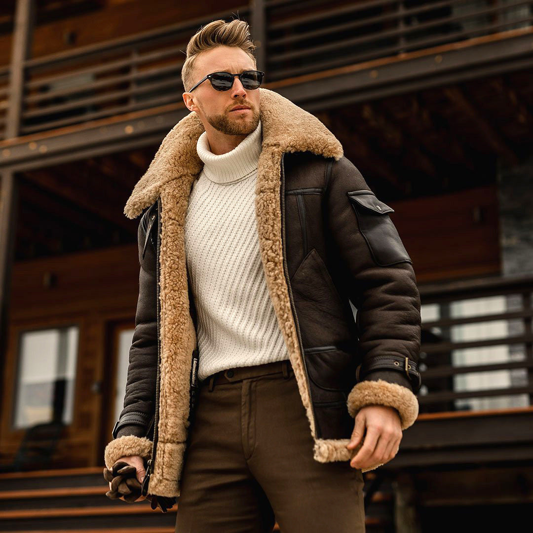 Men’s Shearling Trimmed Leather Coat