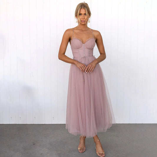 Amelia - Women’s Tulle Corset Midi Dress with Adjustable Straps