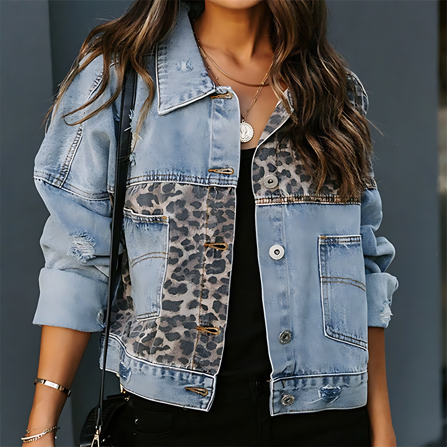 Women’s Distressed Denim Jacket with Leopard Print