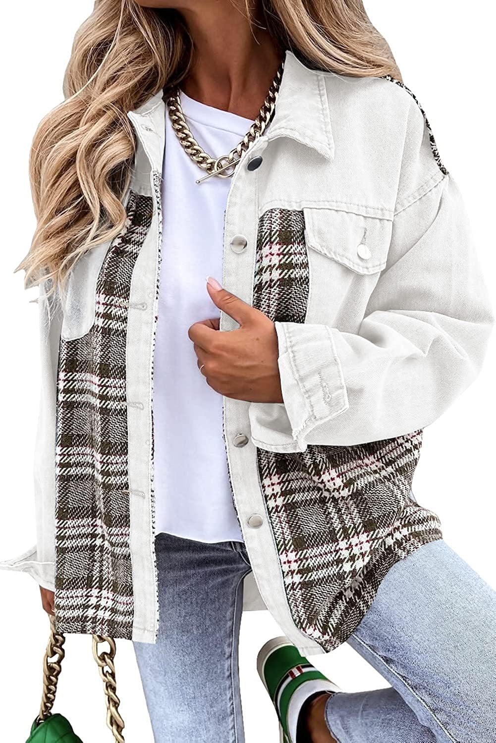 Casual Women’s Denim Jacket with Plaid Detail