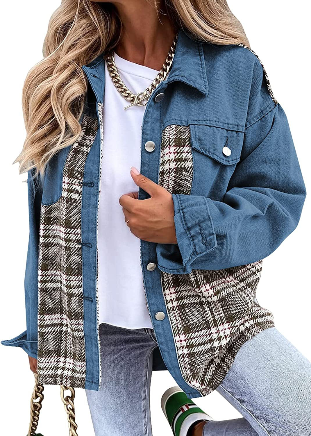 Casual Women’s Denim Jacket with Plaid Detail