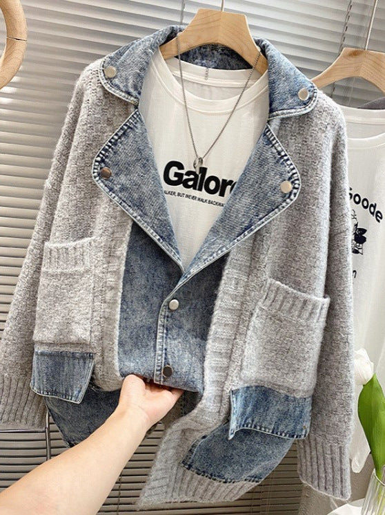 Women’s Knit Jacket with Denim Patch Pockets