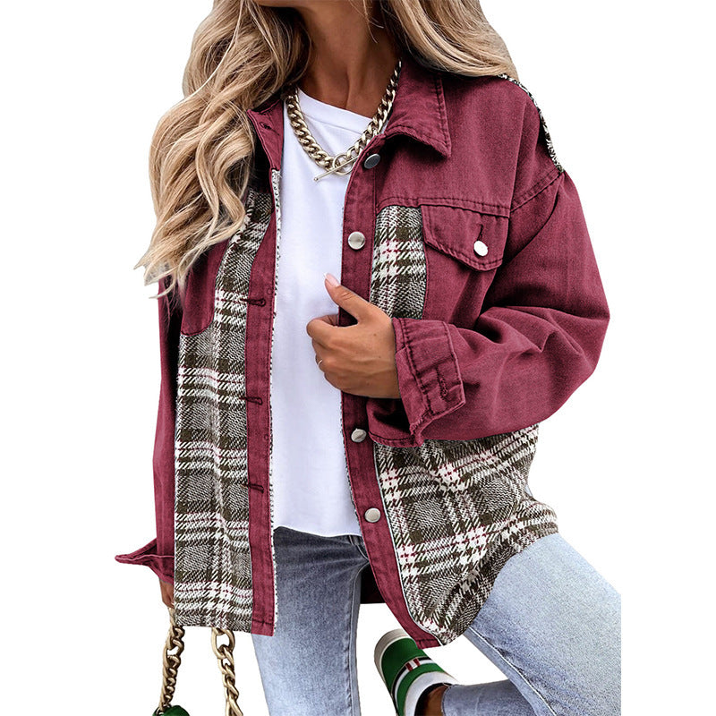 Casual Women’s Denim Jacket with Plaid Detail