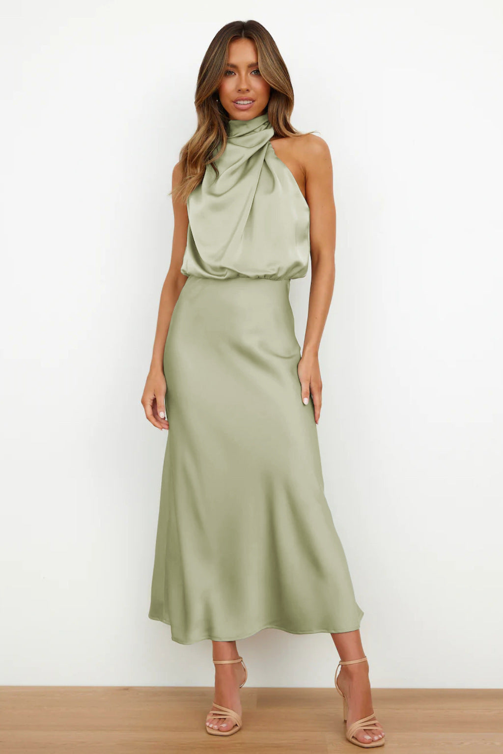 Elegant Halter Neck Satin Maxi Dress for Women