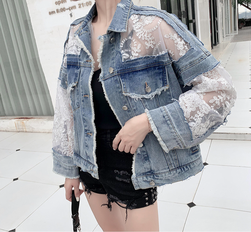 Distressed Denim Jacket with Sheer Lace Accents for Women