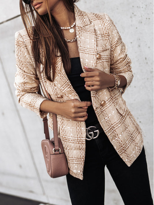 Elegant Double-Breasted Women’s Plaid Blazer