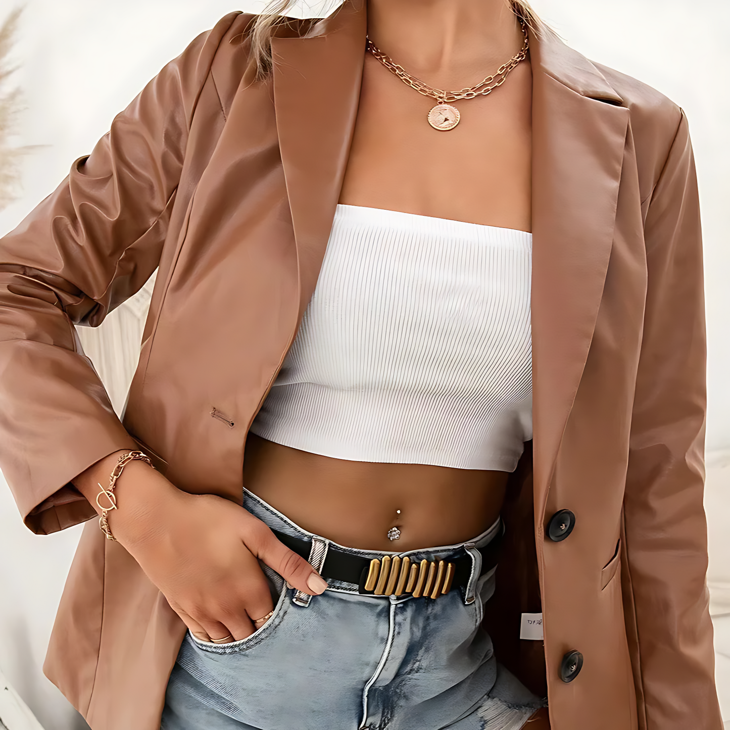Women’s Faux Leather Blazer in Classic Brown