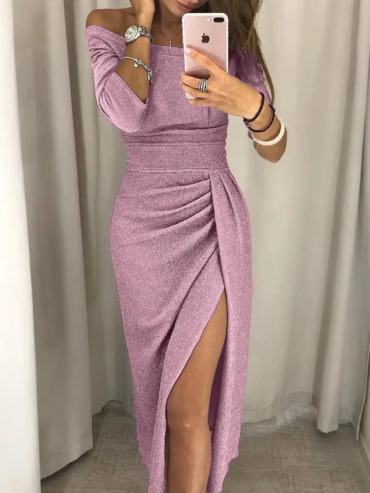 Chic Shimmery Maxi Dress with Slit for Women