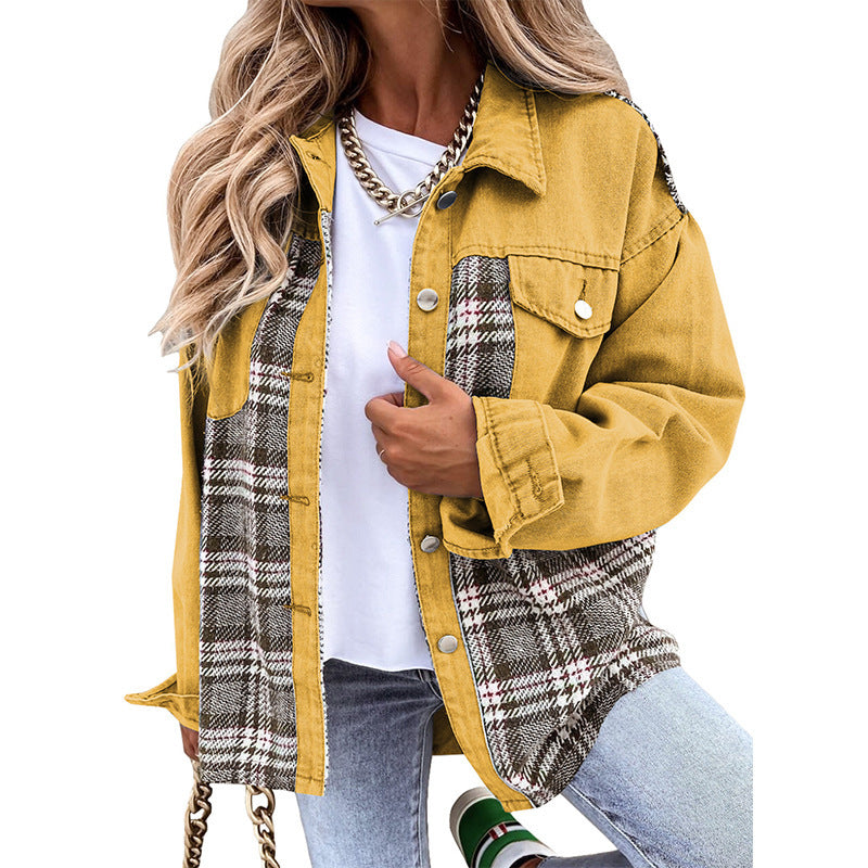Casual Women’s Denim Jacket with Plaid Detail