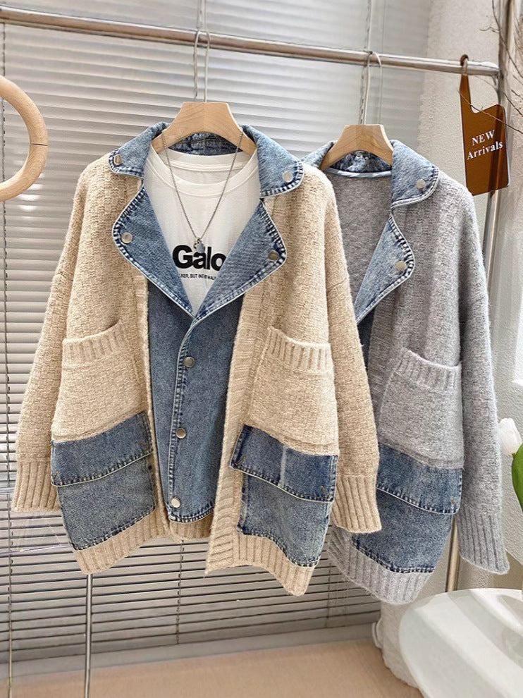 Women’s Knit Jacket with Denim Patch Pockets