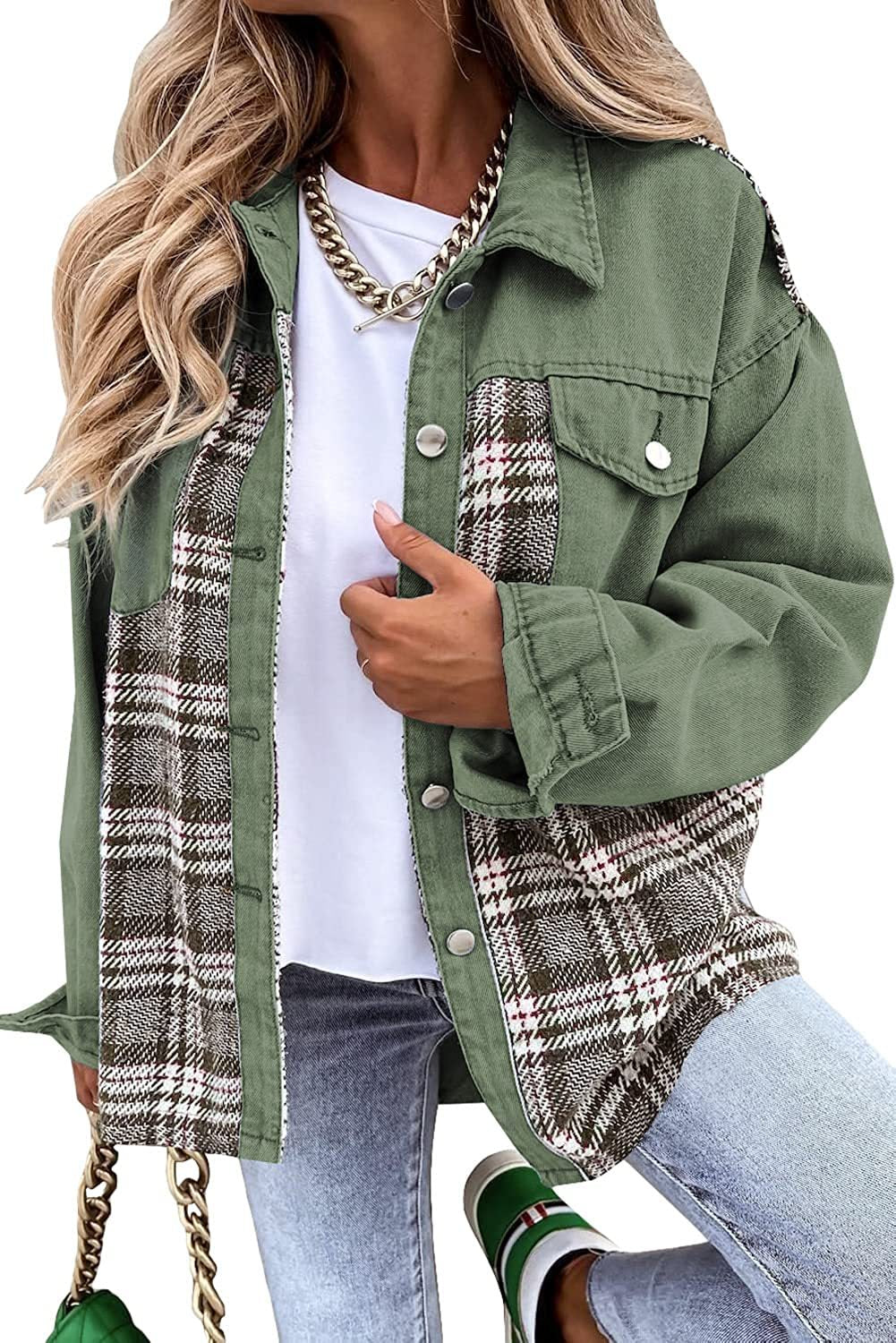 Casual Women’s Denim Jacket with Plaid Detail