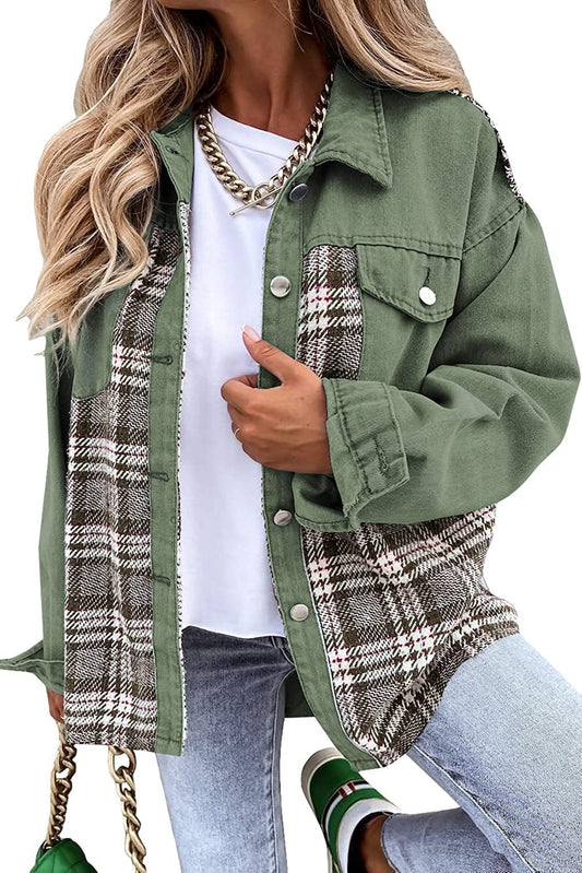 Casual Women’s Denim Jacket with Plaid Detail