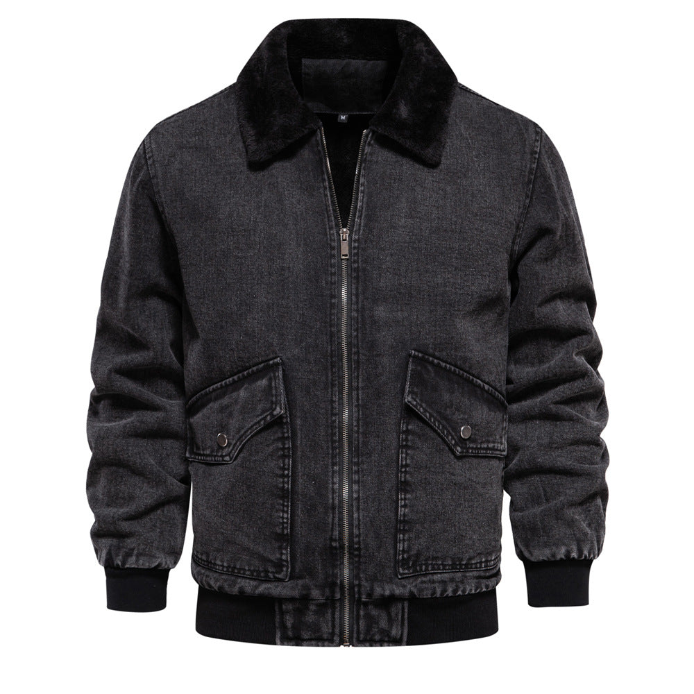 Men’s Casual Fleece-Lined Denim Jacket with Pockets