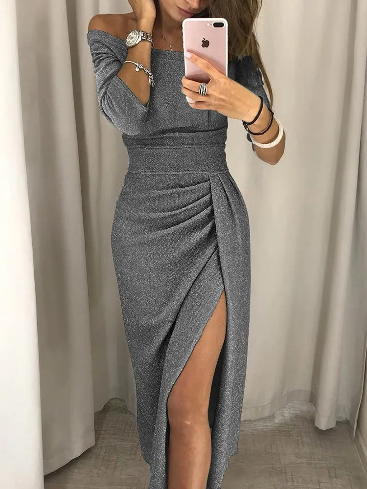 Chic Shimmery Maxi Dress with Slit for Women