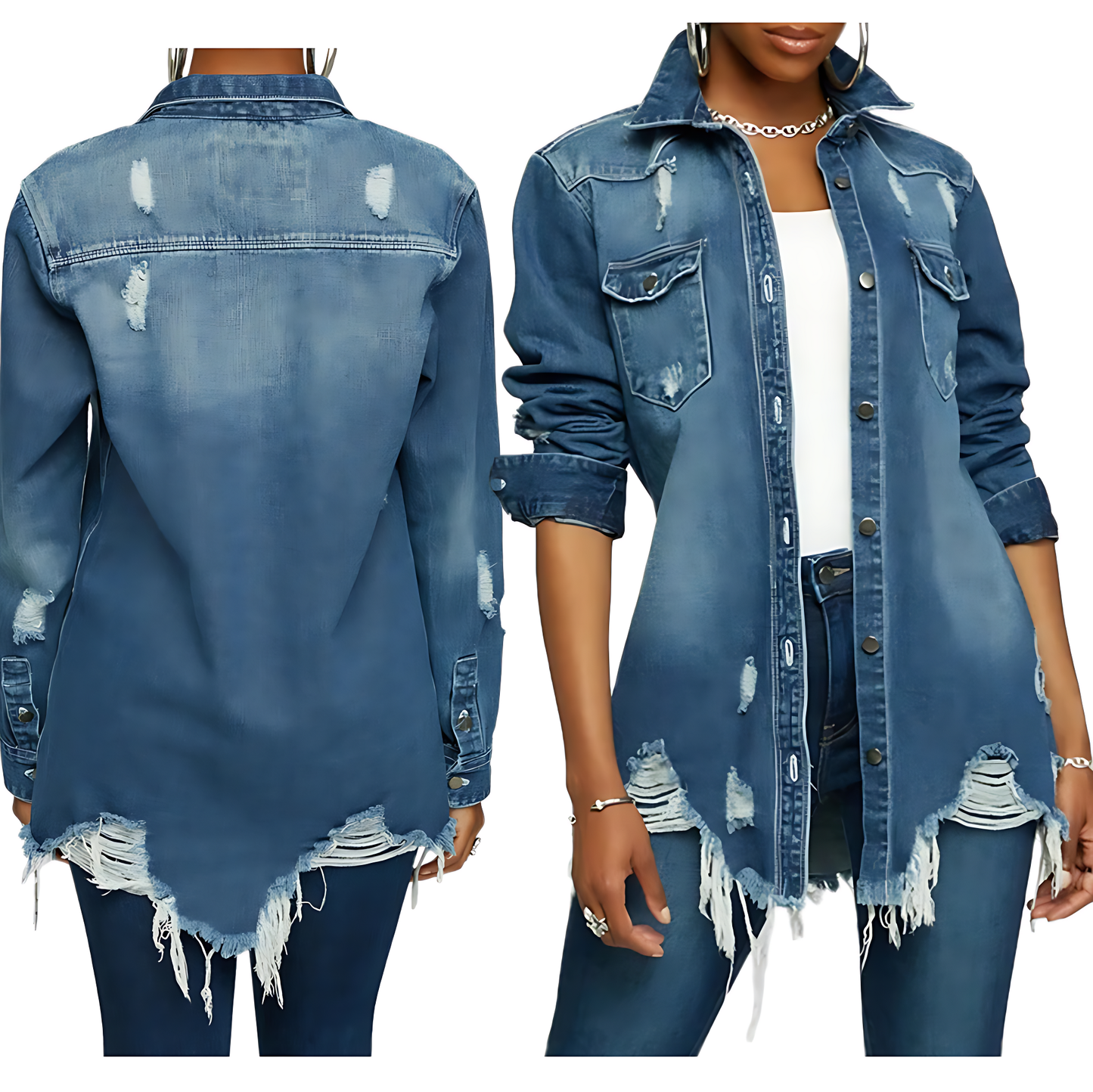 Women’s Distressed Denim Longline Jacket