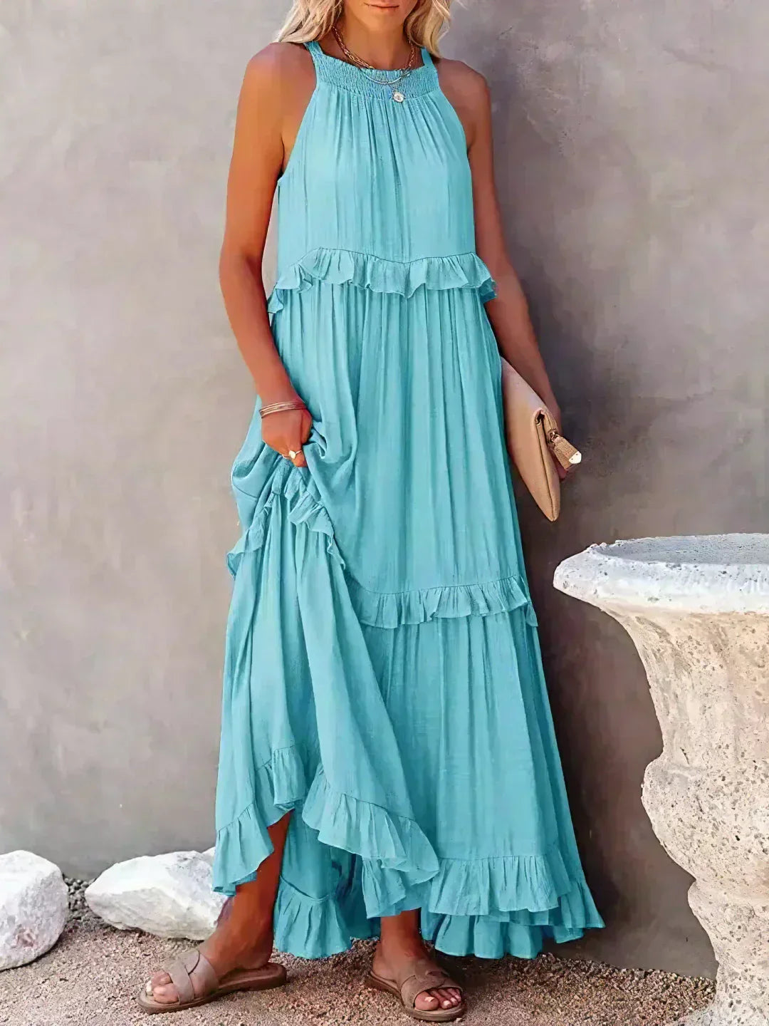 Ileana | Halter Ruffle Maxi Dress with Flowing Silhouette for Women