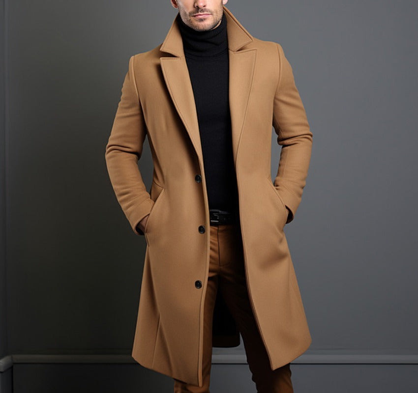 Men’s Formal Wool Trench Coat with Lapel Collar