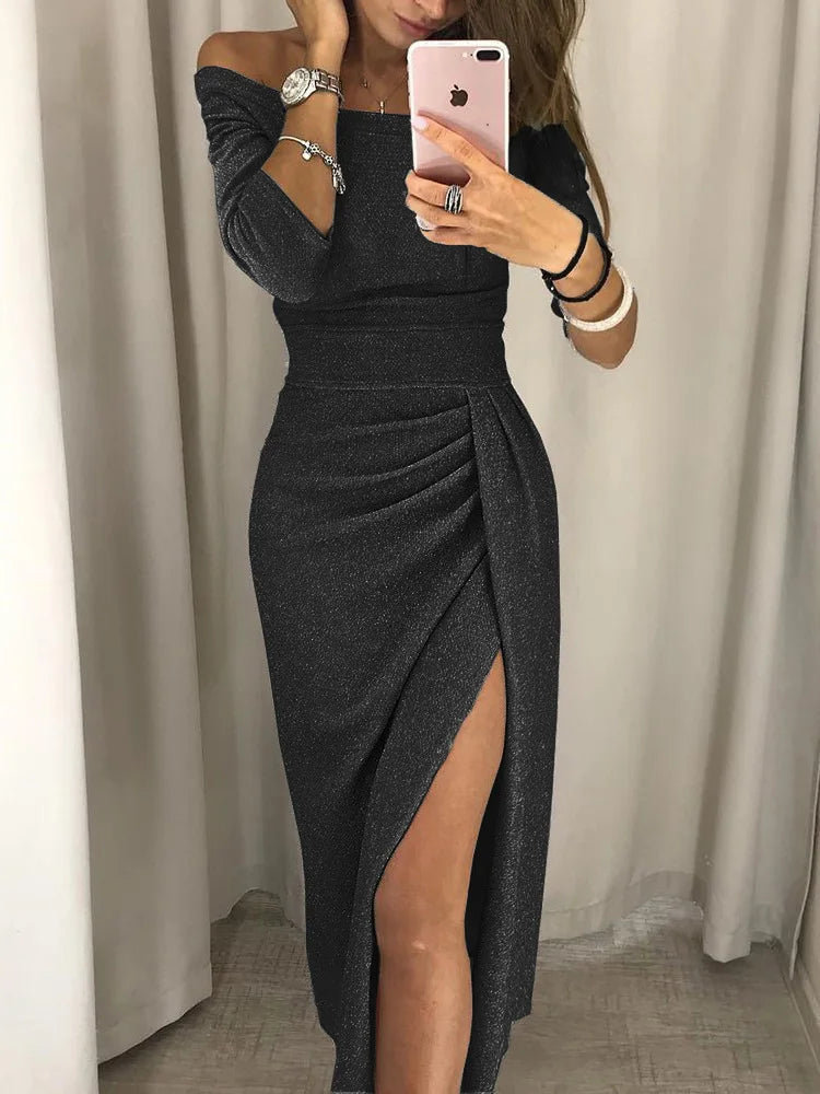 Chic Shimmery Maxi Dress with Slit for Women