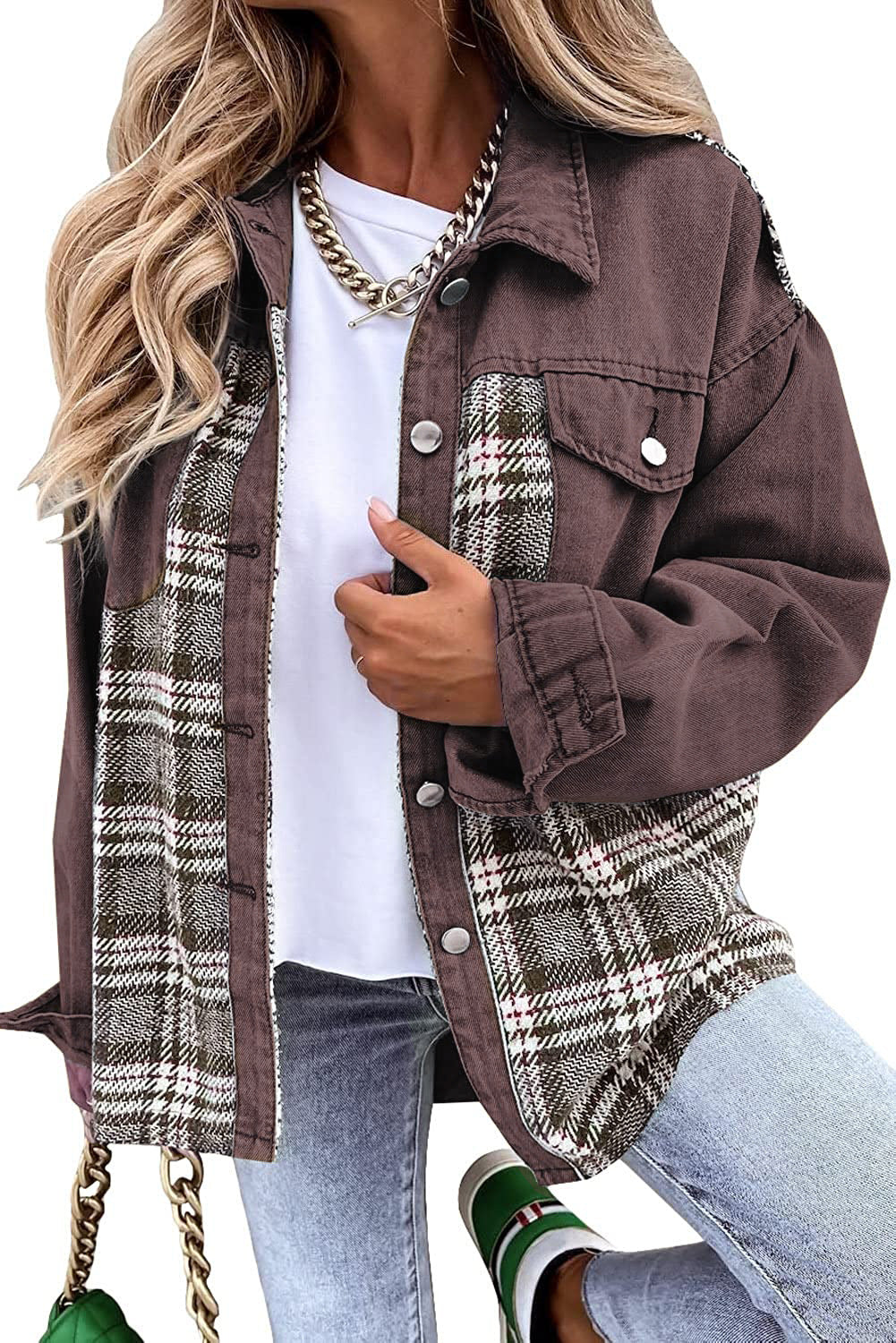 Casual Women’s Denim Jacket with Plaid Detail