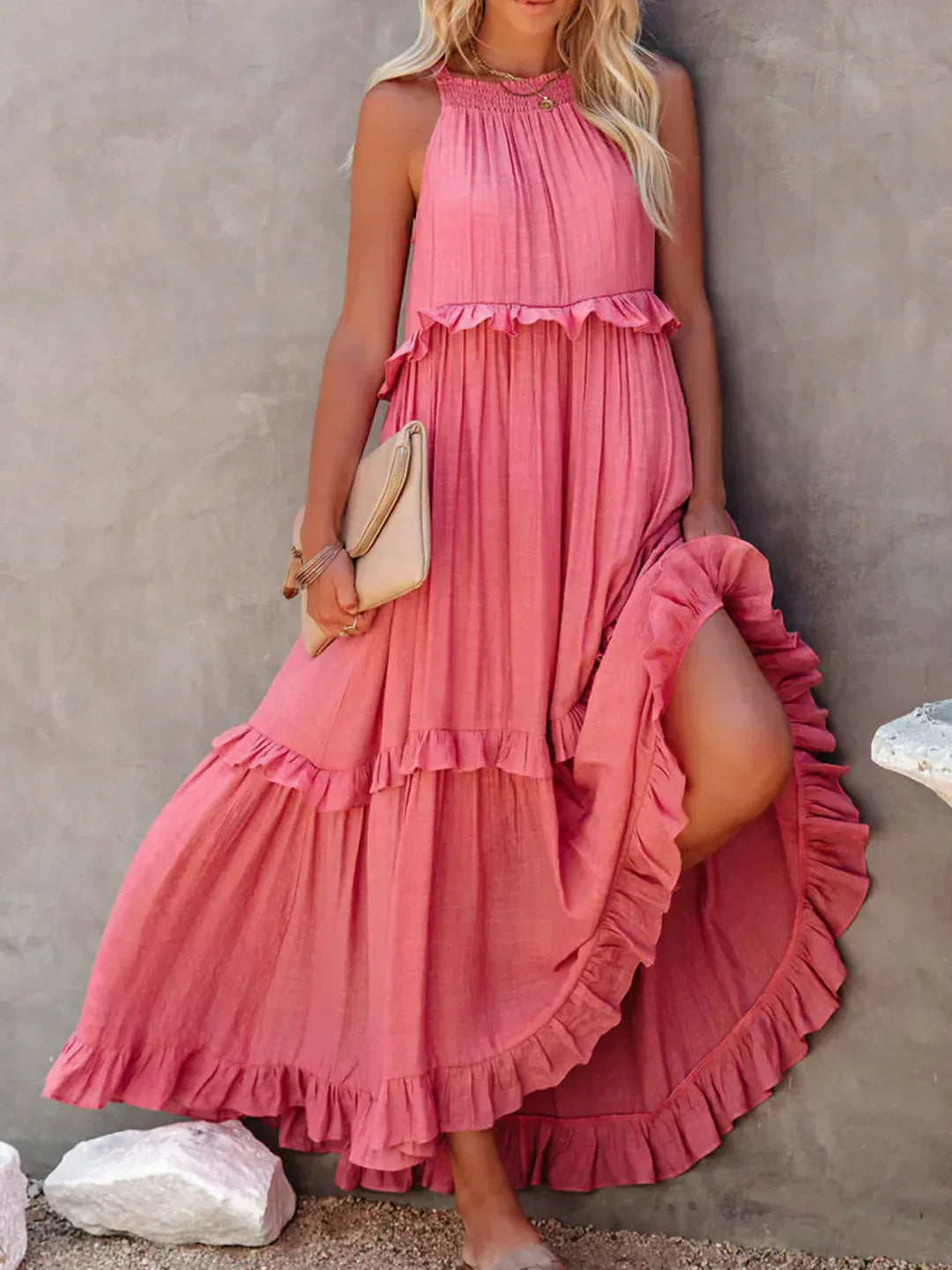 Ileana | Halter Ruffle Maxi Dress with Flowing Silhouette for Women