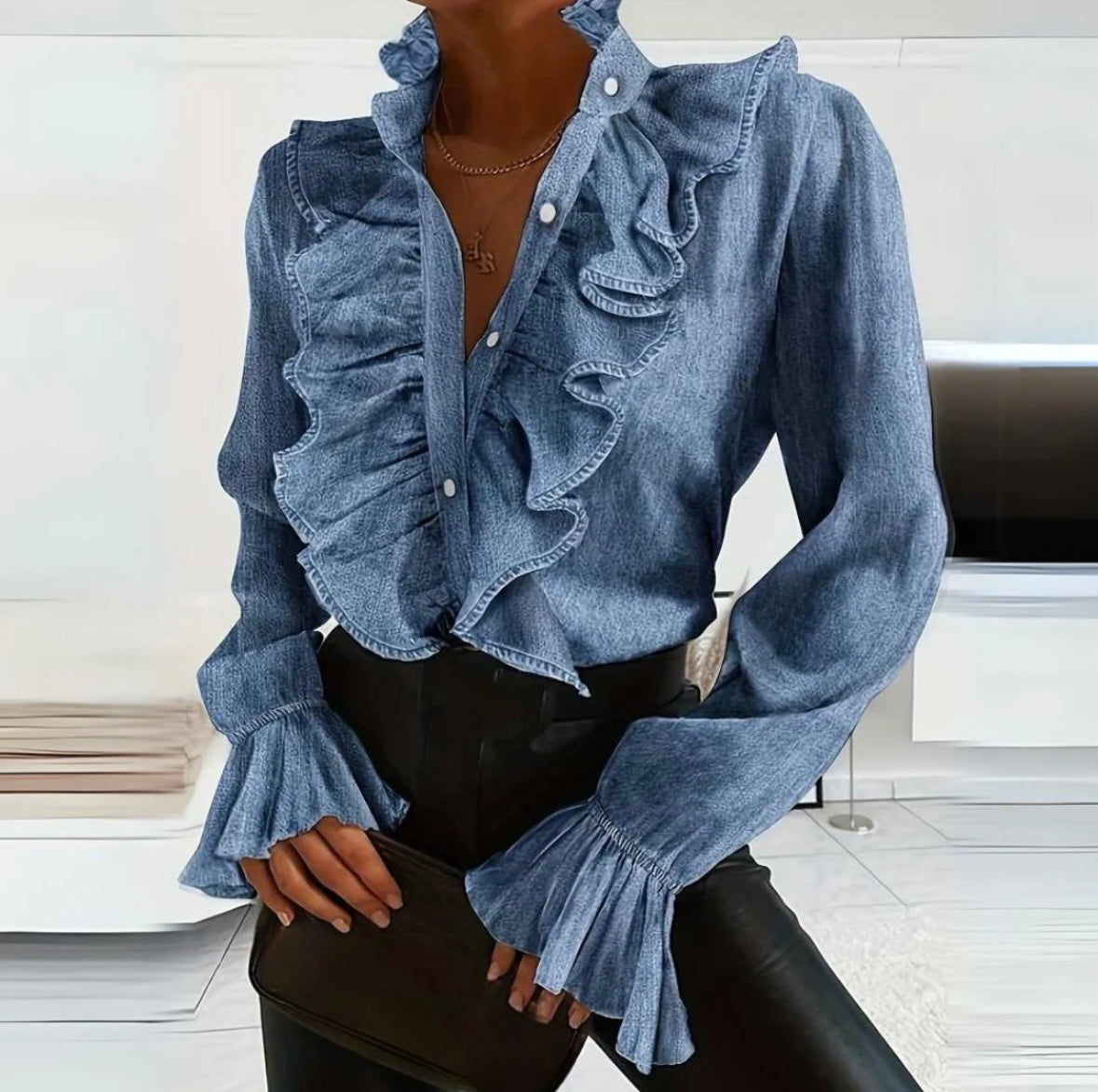Women’s Ruffle Front Denim Blouse with Flared Cuffs