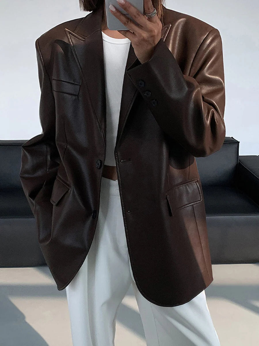 Modern Oversized Faux Leather Blazer for Women