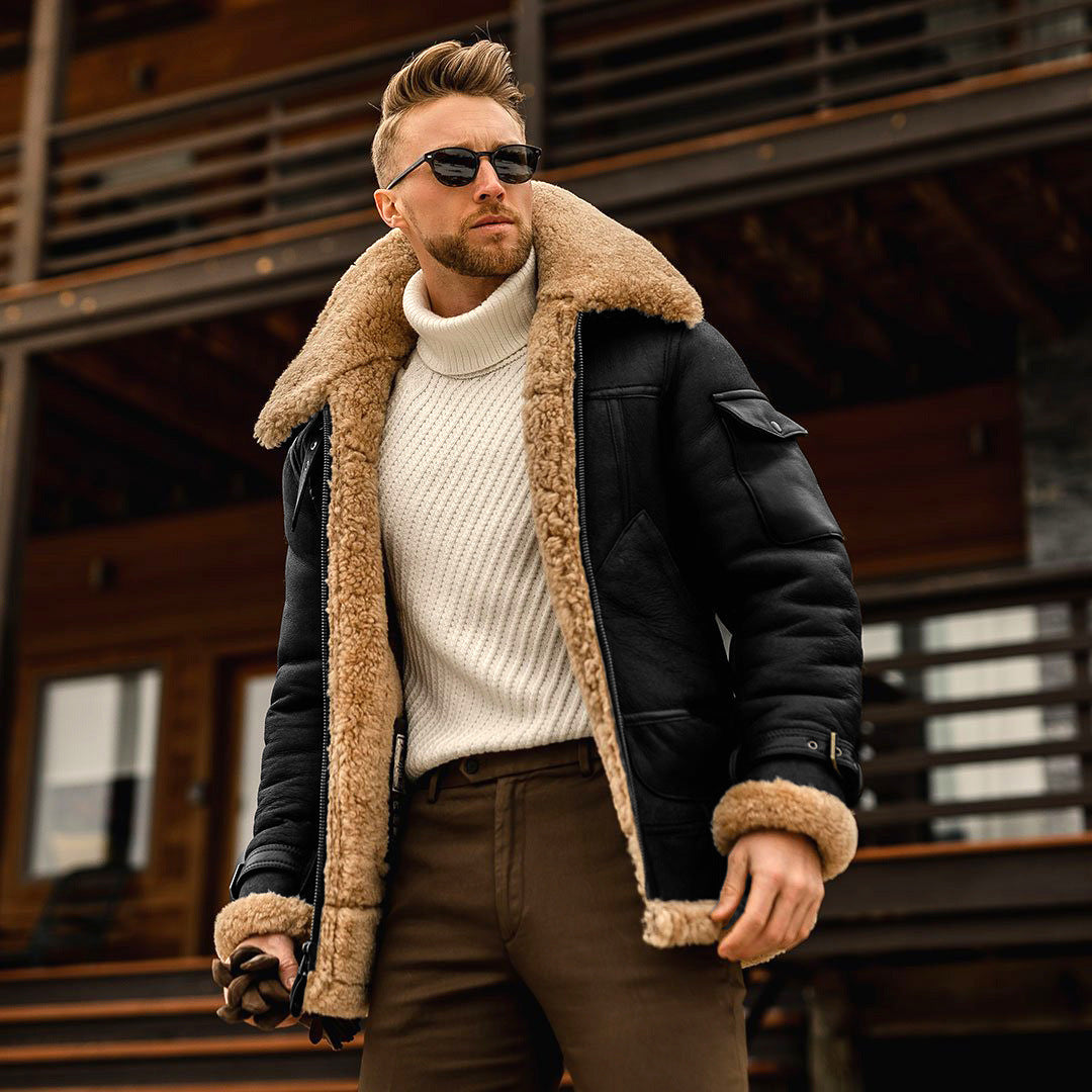 Men’s Shearling Trimmed Leather Coat