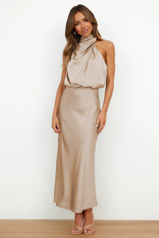 Elegant Halter Neck Satin Maxi Dress for Women