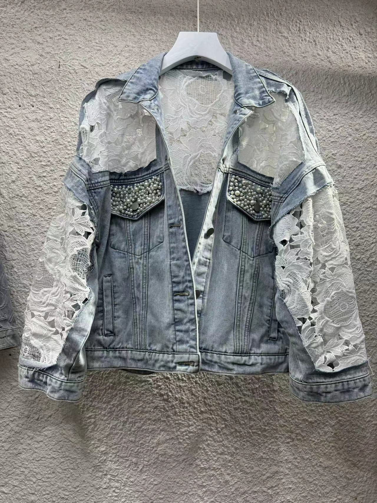 Distressed Denim Jacket with Sheer Lace Accents for Women