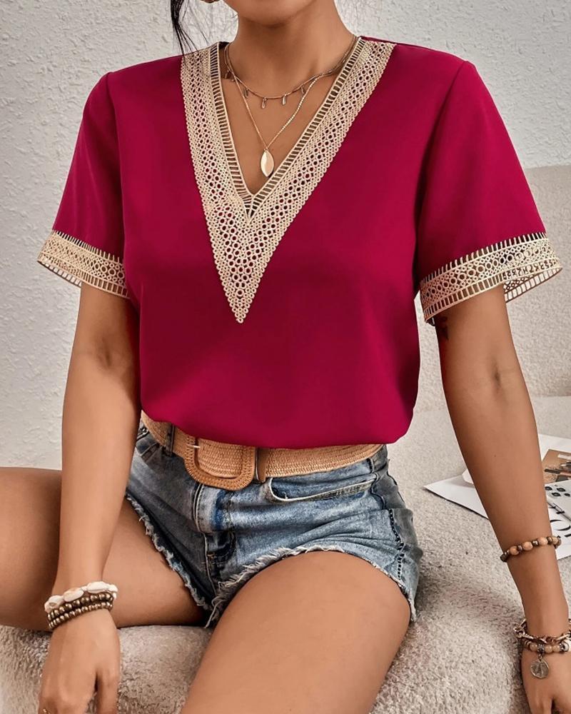 Women’s Boho Chic V-Neck Top with Lace Details