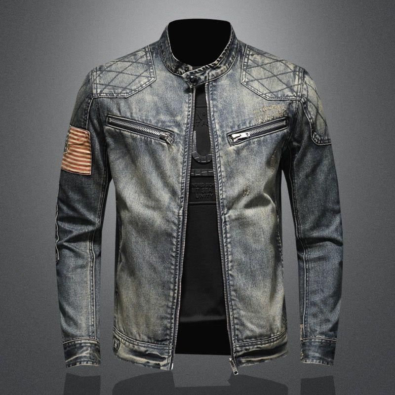 Men’s Vintage Denim Biker Jacket with American Patch