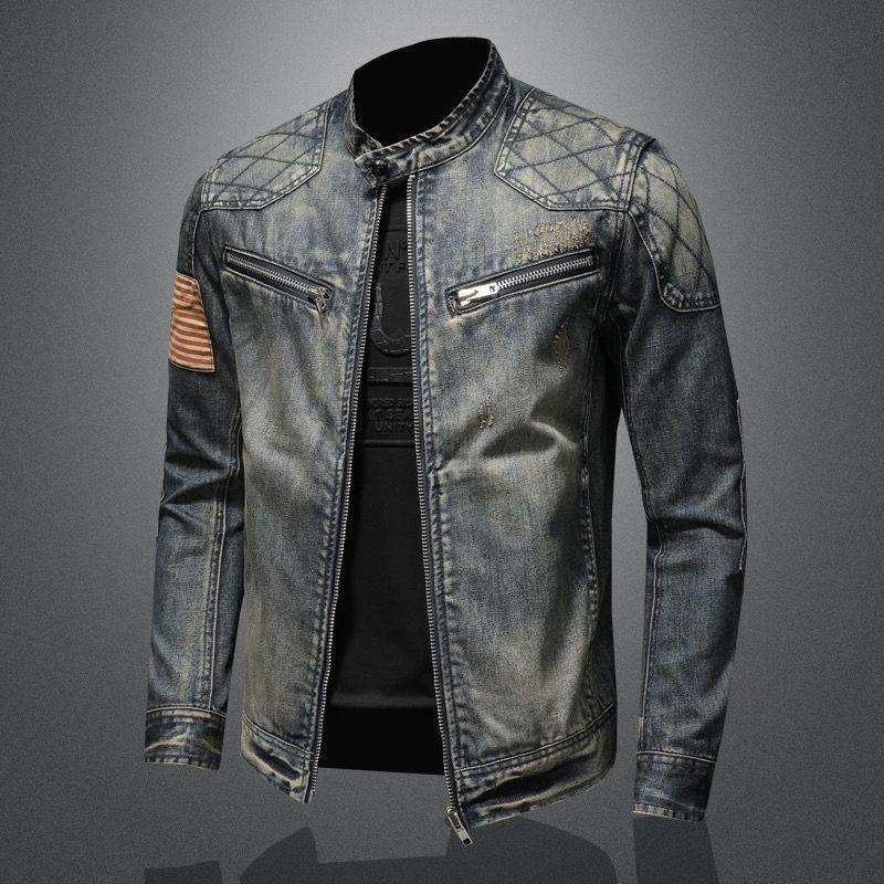 Men’s Vintage Denim Biker Jacket with American Patch