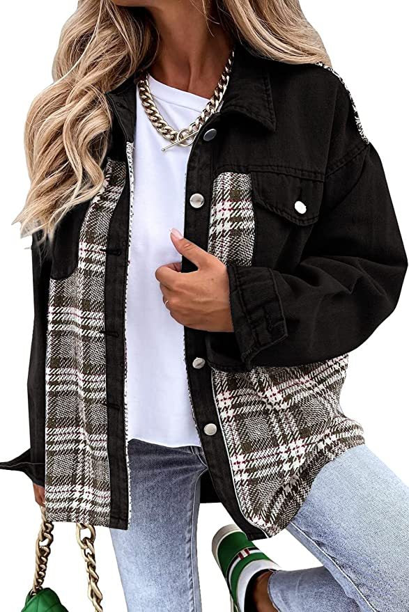 Casual Women’s Denim Jacket with Plaid Detail