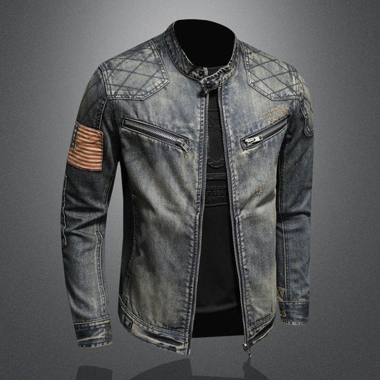 Men’s Vintage Denim Biker Jacket with American Patch