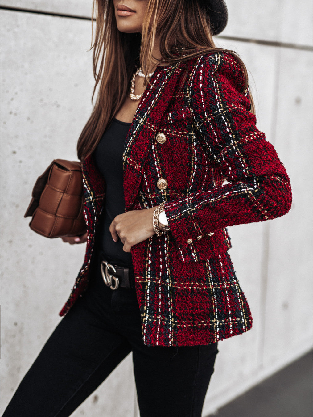 Elegant Double-Breasted Women’s Plaid Blazer