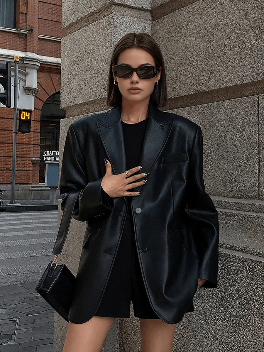 Modern Oversized Faux Leather Blazer for Women