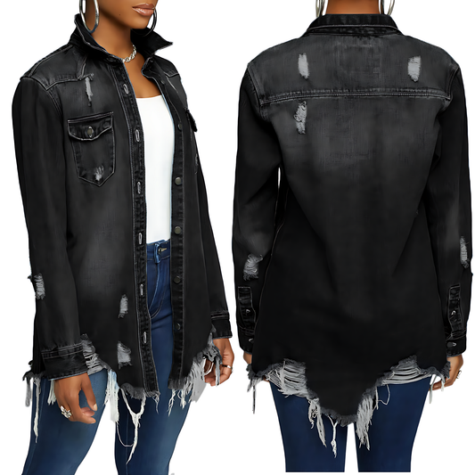 Women’s Distressed Denim Longline Jacket