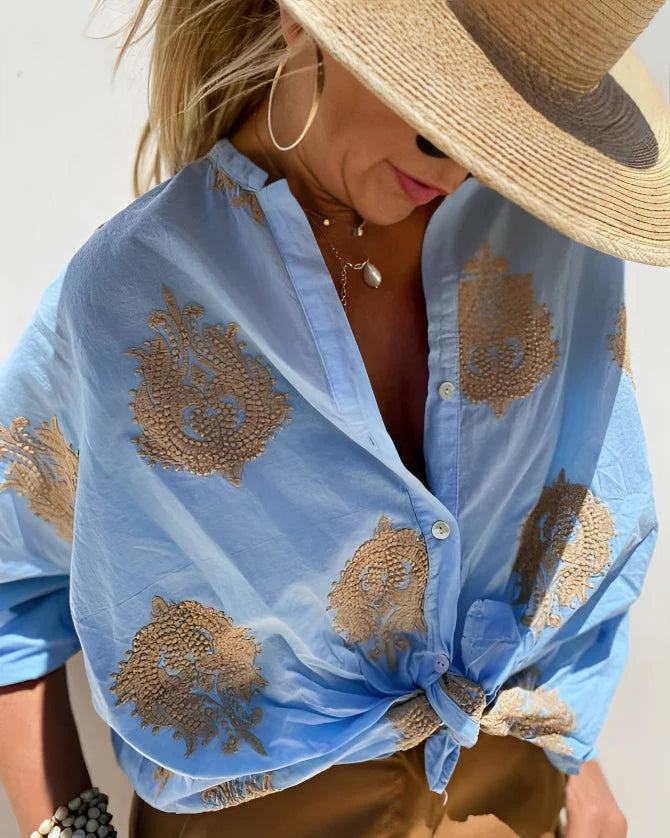 Bohemian Embroidered Button-Up Blouse for Women