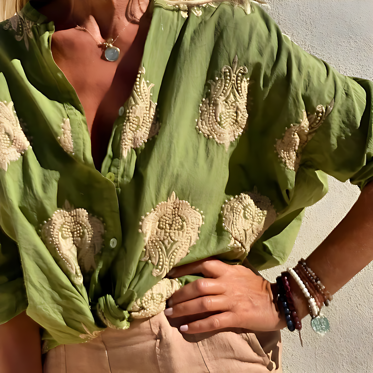 Bohemian Embroidered Button-Up Blouse for Women