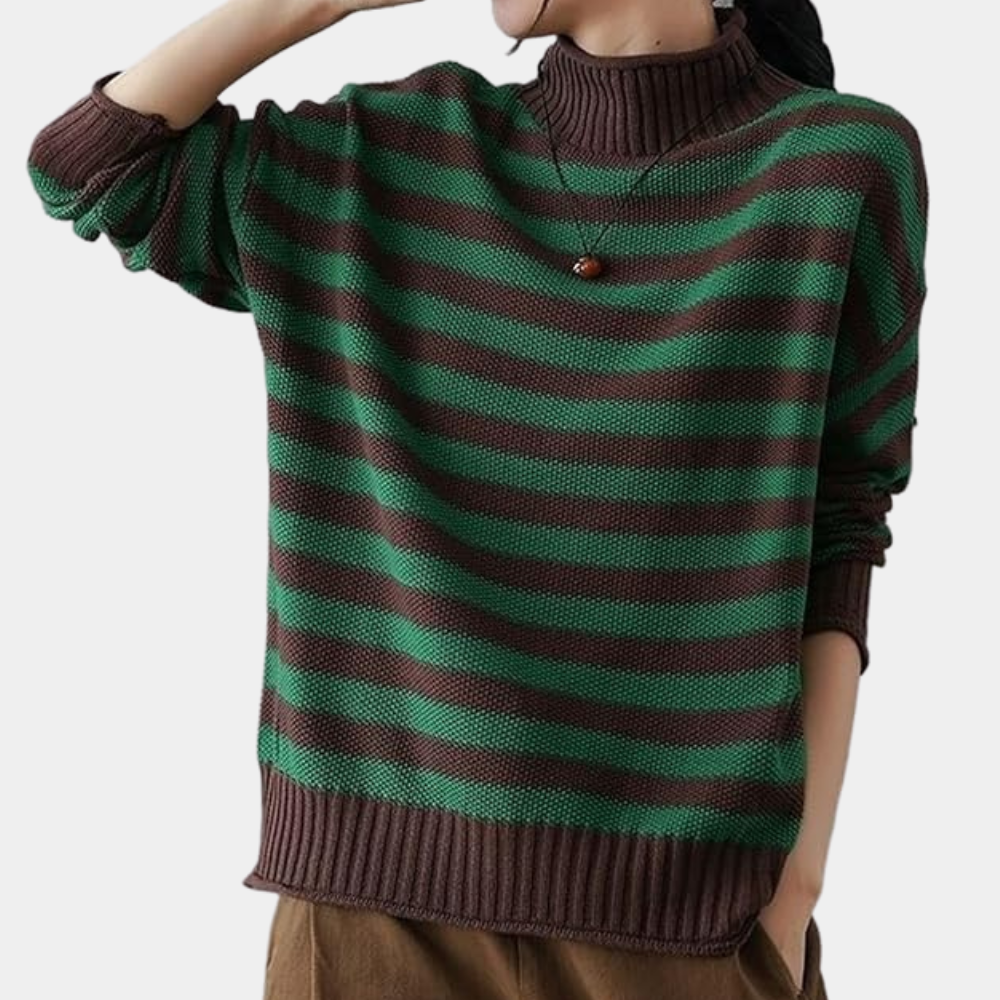 Gestreepte gebreide deken in groen en bruin, close-up textuur. Perfect voor interieurdecoratie, warme en gezellige uitstraling, handgemaakt breiwerk.