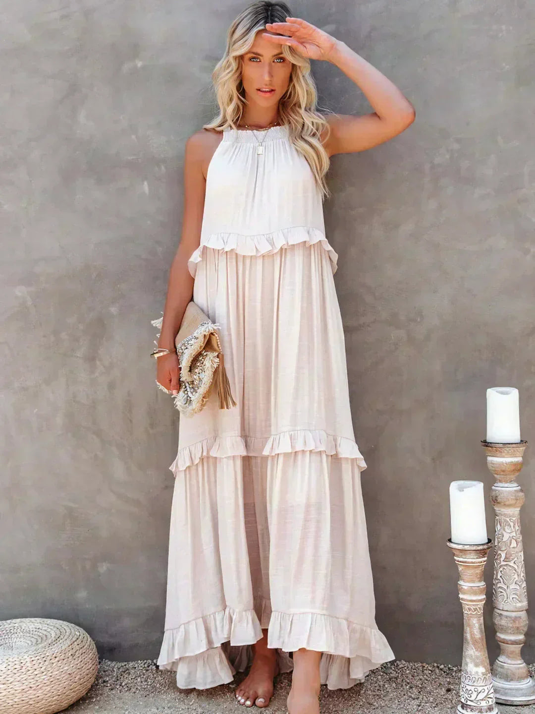 Ileana | Halter Ruffle Maxi Dress with Flowing Silhouette for Women