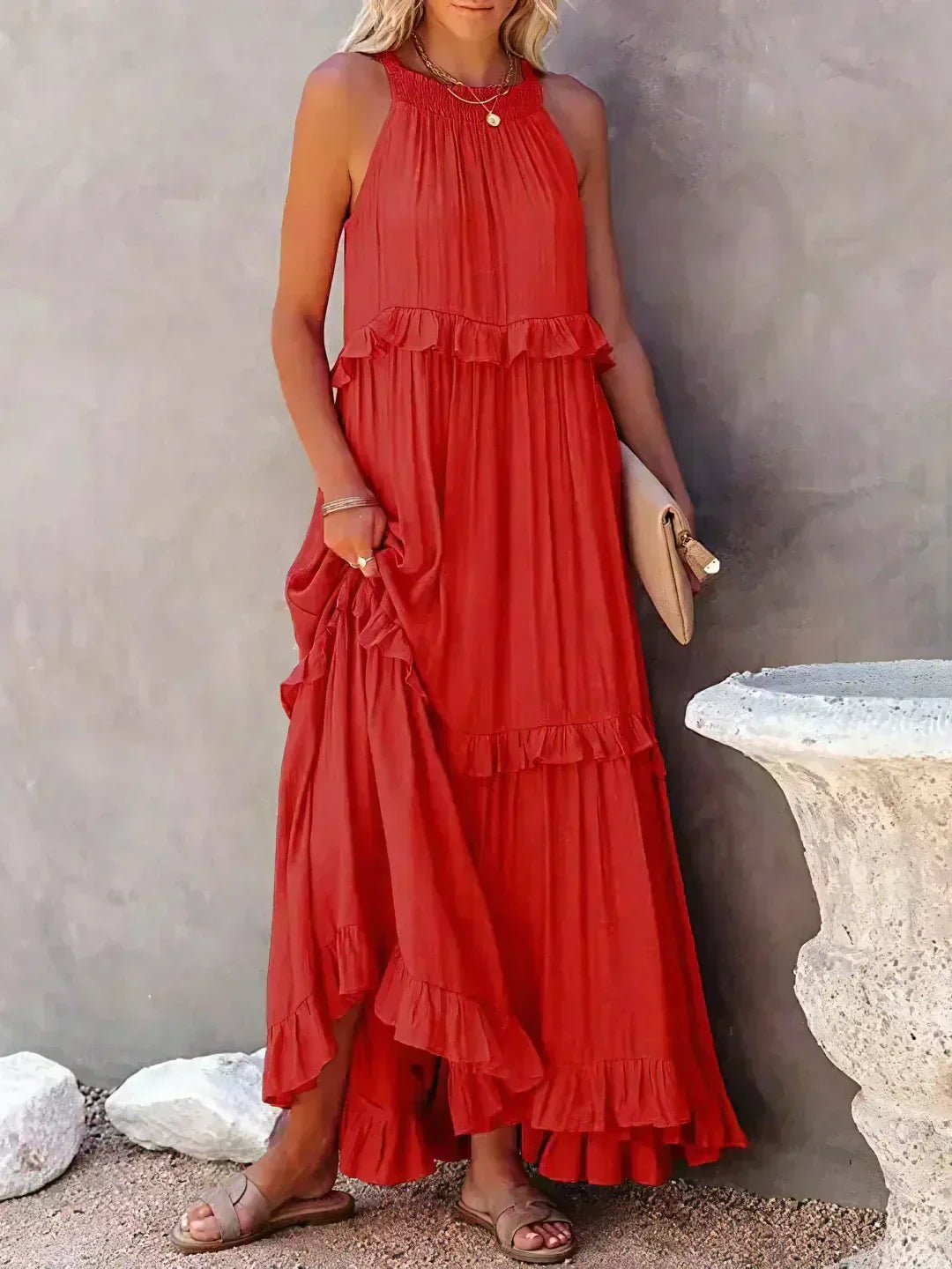 Ileana | Halter Ruffle Maxi Dress with Flowing Silhouette for Women